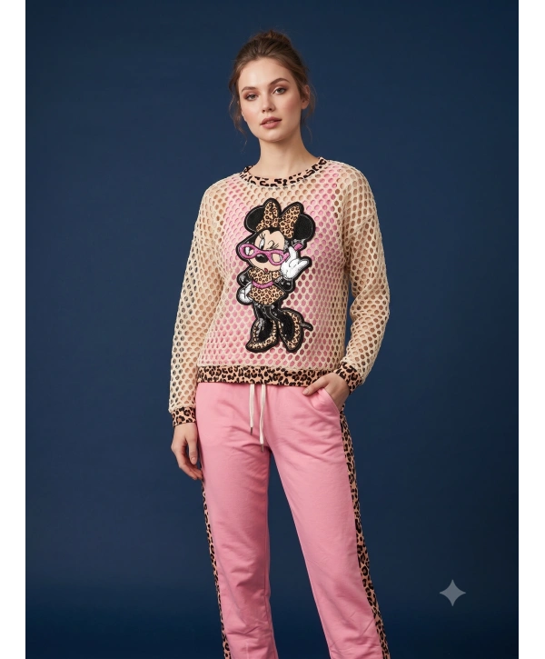 Krem File Detaylı Leopar Desenli Minnie Eşofman Takımı Pembe