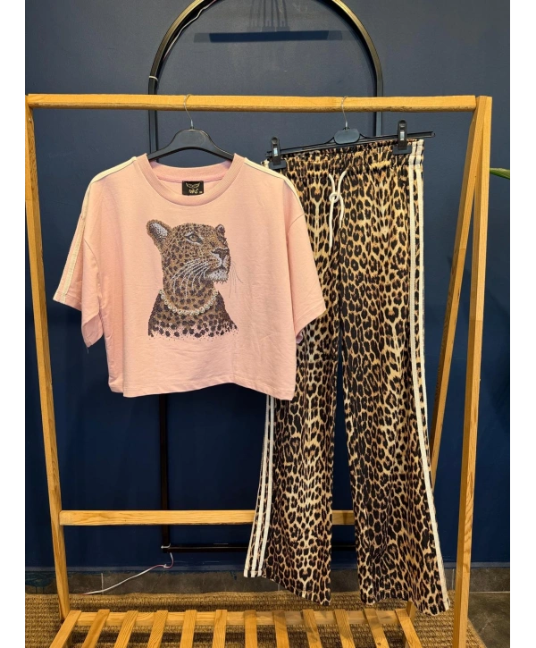 Leopar Baskılı Taşlı Eşofman Takımı Pembe