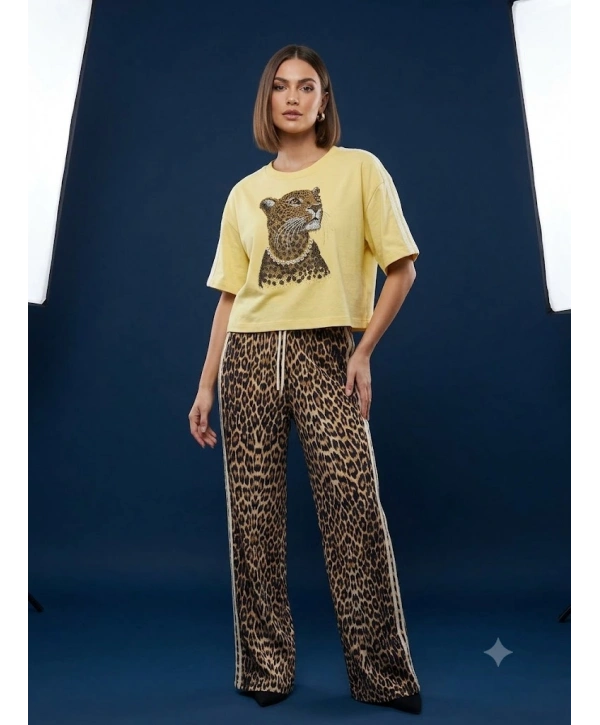 Leopar Baskılı Taşlı Eşofman Takımı Sarı