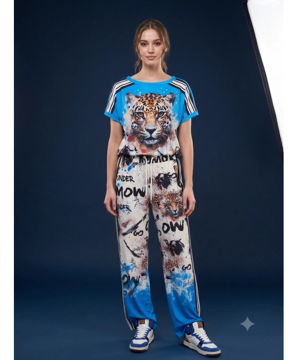 Leopar Desenli Taş İşlemeli Eşofman Takımı Mavi