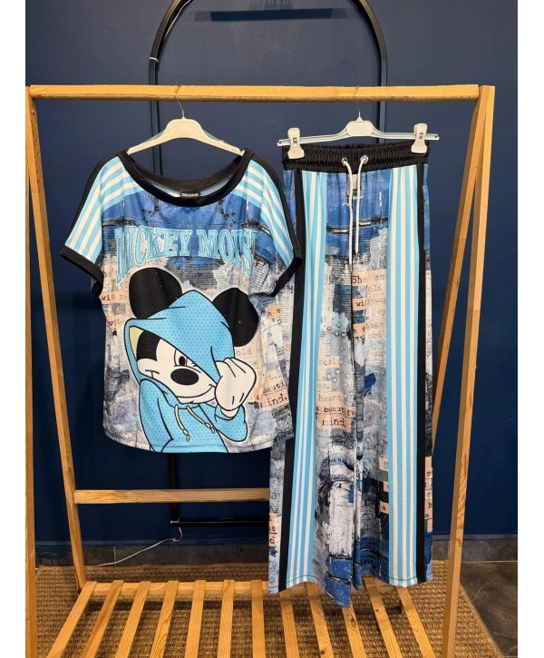 Mavi Mickey Mouse Yazı Detaylı Eşofman Takımı