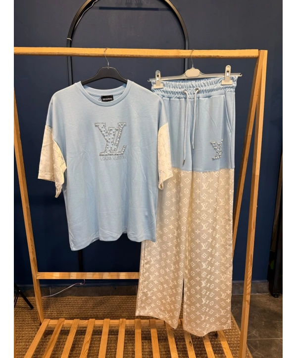 Monogram Desen Gümüş İnci İşlemeli Eşofman Takımı Mavi
