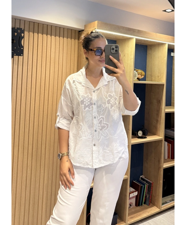 Nakış Desenli Pamuk Gömlek Beyaz
