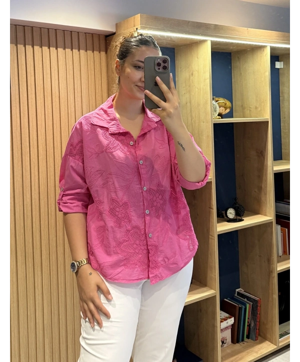 Nakış Desenli Pamuk Gömlek Pembe