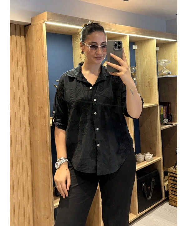Nakış Desenli Pamuk Gömlek siyah