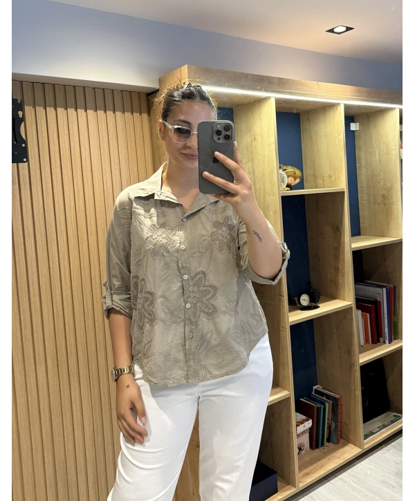 Nakış Desenli Pamuk Gömlek Vizon