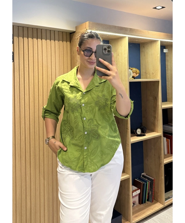 Nakış Desenli Pamuk Gömlek Yeşil