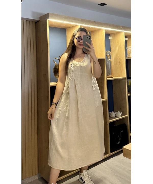 Önden Fermuarlı Keten Elbise Bej