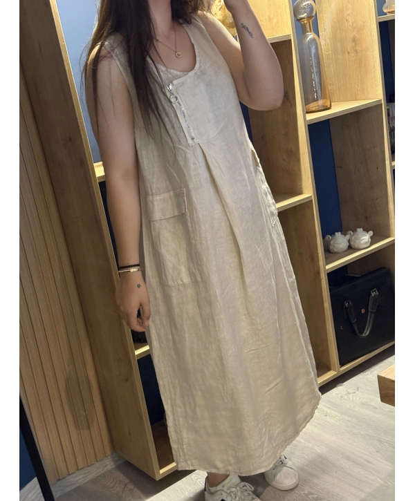 Önden Fermuarlı Keten Elbise Bej