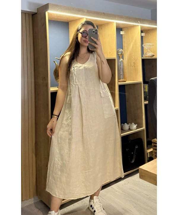 Önden Fermuarlı Keten Elbise Bej