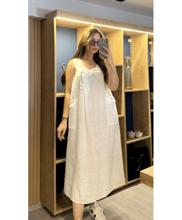 Önden Fermuarlı Keten Elbise beyaz