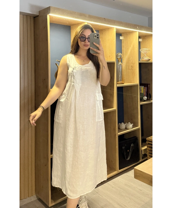 Önden Fermuarlı Keten Elbise beyaz