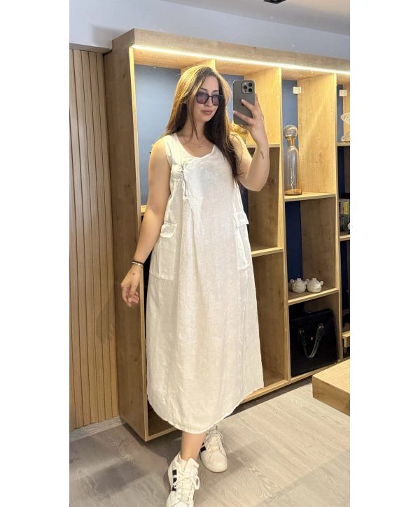 Önden Fermuarlı Keten Elbise beyaz
