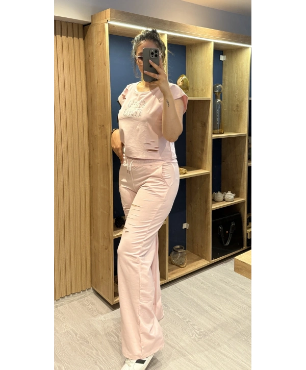 Pembe Yırtmaç Detaylı Premium Eşofman Takımı