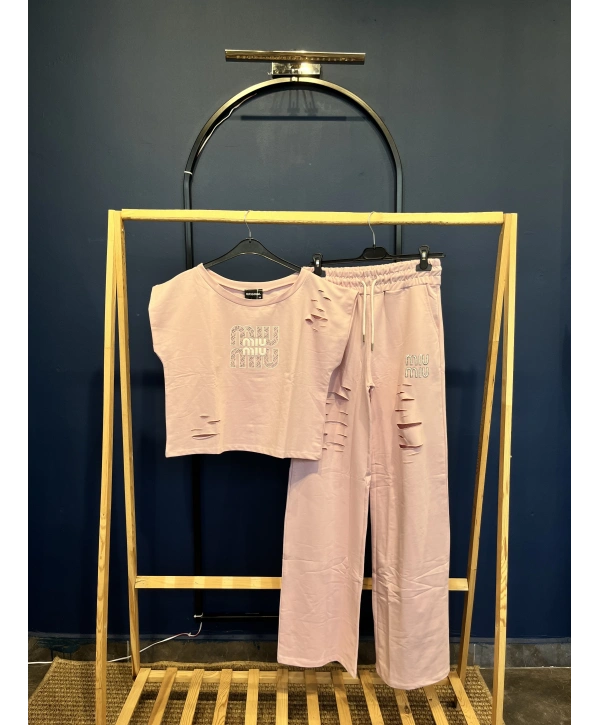 Pembe Yırtmaç Detaylı Premium Eşofman Takımı