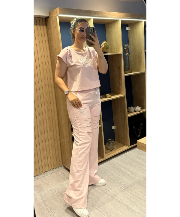 Pembe Yırtmaç Detaylı Premium Eşofman Takımı