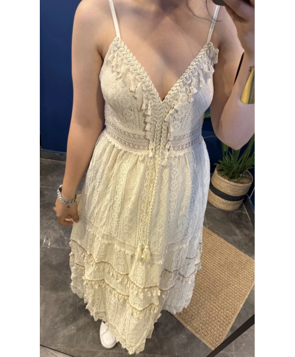 Uzun Askılı Elbise 8821 Bej