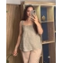 Askılı Arkadan Bağlamalı Keten Bluz Vizon