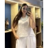 Kalın Askılı Arkadan Bağlamalı Keten Bluz Bej