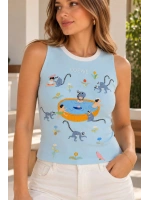 Taşlı Mini Lemur Bluz Mavi