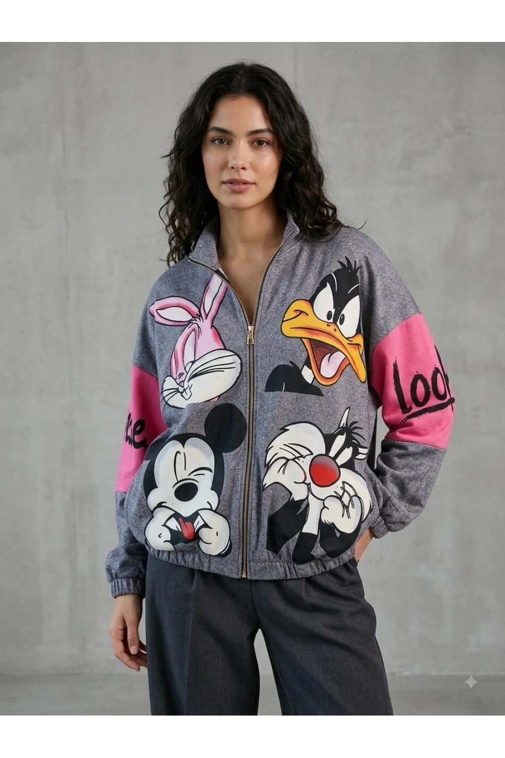 Fermuarlı Gri Pembe Sweat