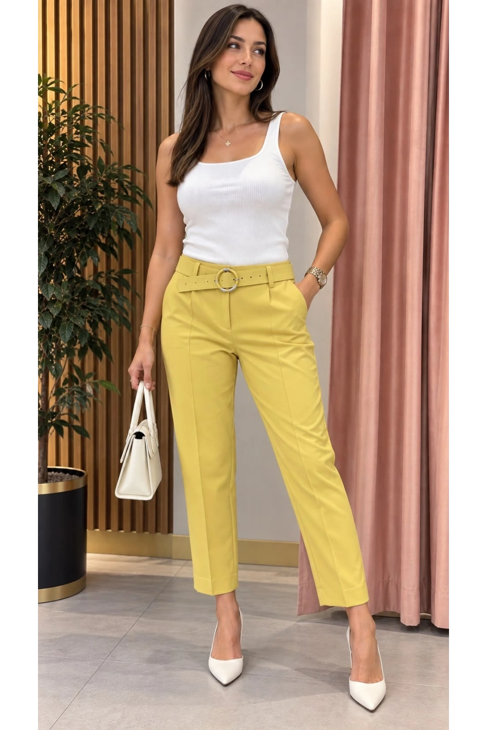 Lara Kemerli Pantolon Sarı