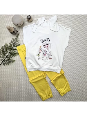 Baby 3-4-5 Yaş Kapşonlu Sevimli Kız Baskılı Kısa Kolu 2li Kız Erkek Çocuk Takımı