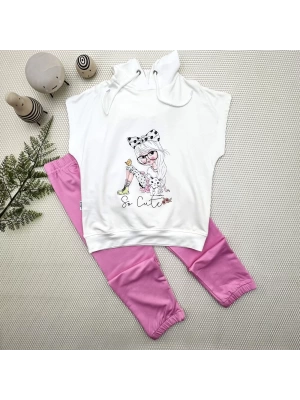 Baby 3-4-5 Yaş Kapşonlu Sevimli Kız Baskılı Kısa Kolu 2li Kız Erkek Çocuk Takımı