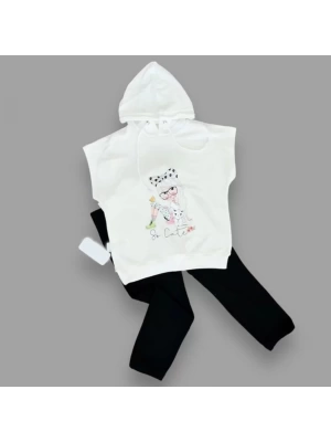 Baby 3-4-5 Yaş Kapşonlu Sevimli Kız Baskılı Kısa Kolu 2li Kız Erkek Çocuk Takımı