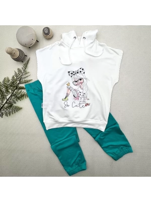 Baby 3-4-5 Yaş Kapşonlu Sevimli Kız Baskılı Kısa Kolu 2li Kız Erkek Çocuk Takımı