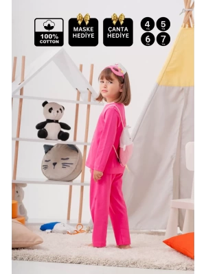 Baby Heroıne Desenli Çanta Ve Maskeli % 100 Pamuk Kız Çocuk Pijama Takımı