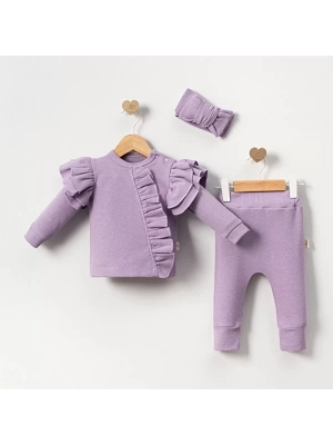 Baby Orkide Büzgü Detaylı 3 Parça Kız Bebek Takımı %100 Pamuk