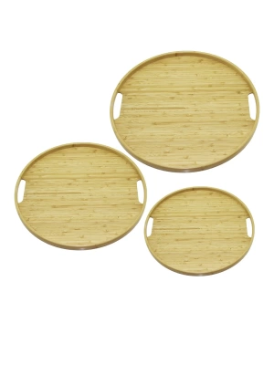 Yuvarlak - 3 Boy Bambu Ahşap Tepsi Seti 30--35--38cm Roz