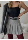 YÜKSEK BEL PİLELİ ŞORT ETEK GRİ
