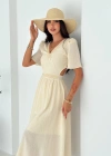 Beli Açık Garnili Krinkıl Keten Elbise Krem