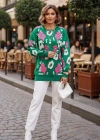 Bisiklet Yaka Uzun Kollu Çiçek Desenli Oversize Triko Kazak Yeşil