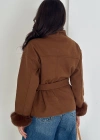 Broşlu Kürk Detaylı Kaşe Kaban Kahverengi