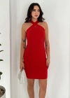 Çapraz Yaka Triko Elbise Kırmızı