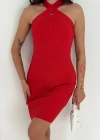 Çapraz Yaka Triko Elbise Kırmızı