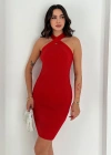 Çapraz Yaka Triko Elbise Kırmızı