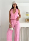 Çizgili Kumaş Yelek Takım Pembe