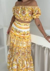 Desenli Crop Etek Takım Sarı