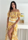 Desenli Crop Etek Takım Sarı