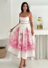 Desenli Keten Elbise Pembe