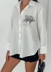 Dril Kumaş Paradise Baskılı Taşlı Gömlek Gümüş