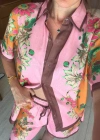 Kadın İthal Desenli Şort Takım Pembe Gömlek Yaka Bağcıklı Yazlık İkili Takım
