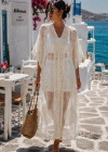 Kadın İthal Dantel Pareo Kimono Plaj Elbisesi Ekru Bohem Yazlık Kaftan
