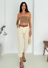 Kemer Detaylı Keten Pantolon Krem