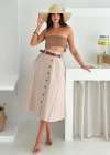 Kemerli Boydan Düğmeli Keten Etek Krem