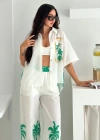 Keten Kumaş Palmiye Baskılı Cep Taş Detaylı Takım Yeşil